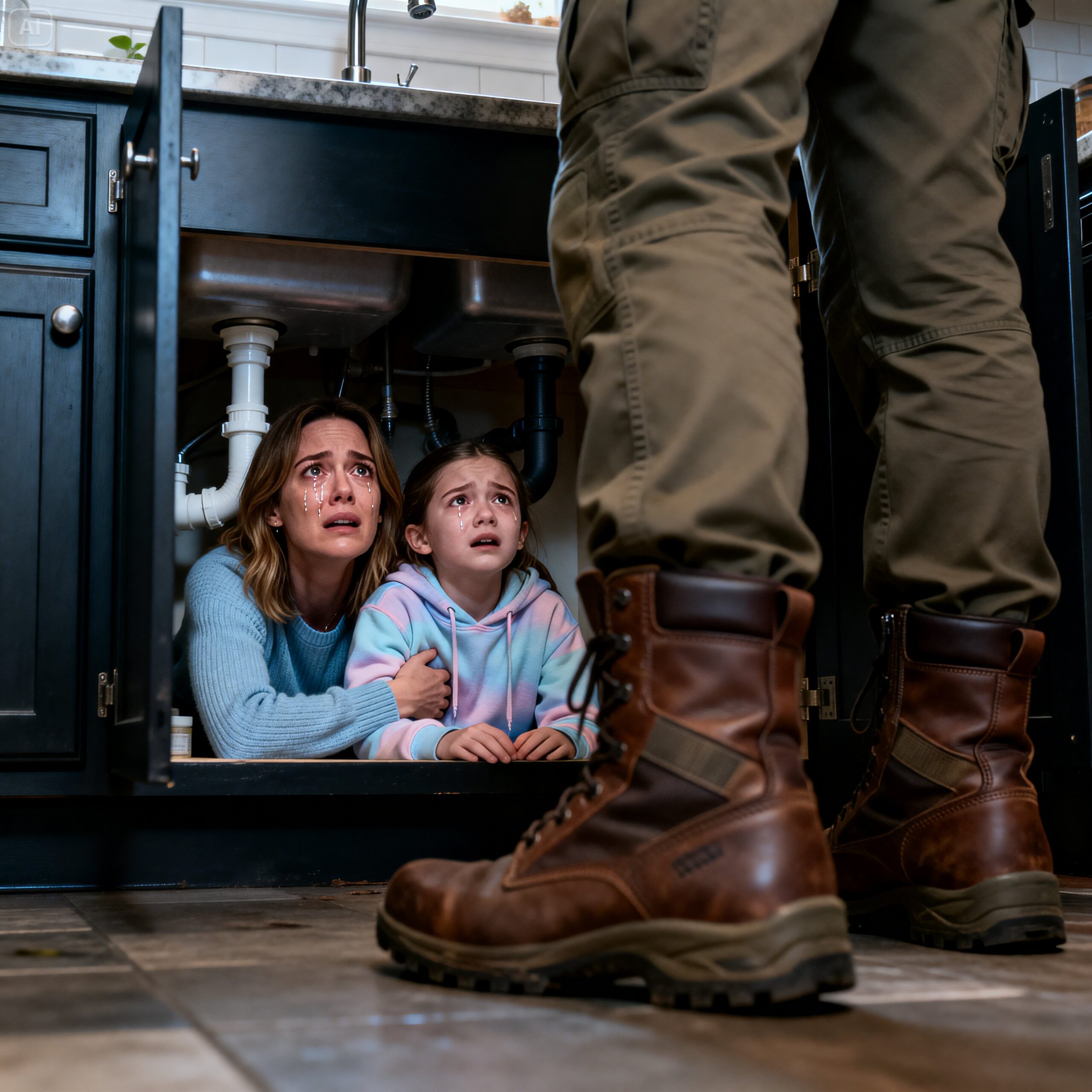 My husband came home from his business trip a day earlier than planned. Moments later, there was a knock at the front door. “It’s Dad, Mom!” a voice called from outside. But my eight-year-old daughter grabbed my hand tightly and whispered, “Mom… that’s not Dad. We need to hide.” I pulled her with me, and we hid inside the kitchen cupboard. What happened next was beyond anything I could have imagined…