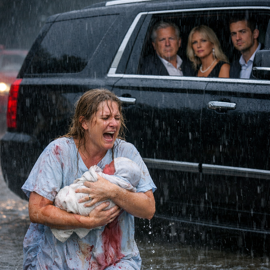 The rain began to fall harder, stinging my skin like icy needles. I stood shivering on the hospital curb, clutching my two-day-old daughter against my chest, every breath sending a shockwave of pain through my fresh stitches.