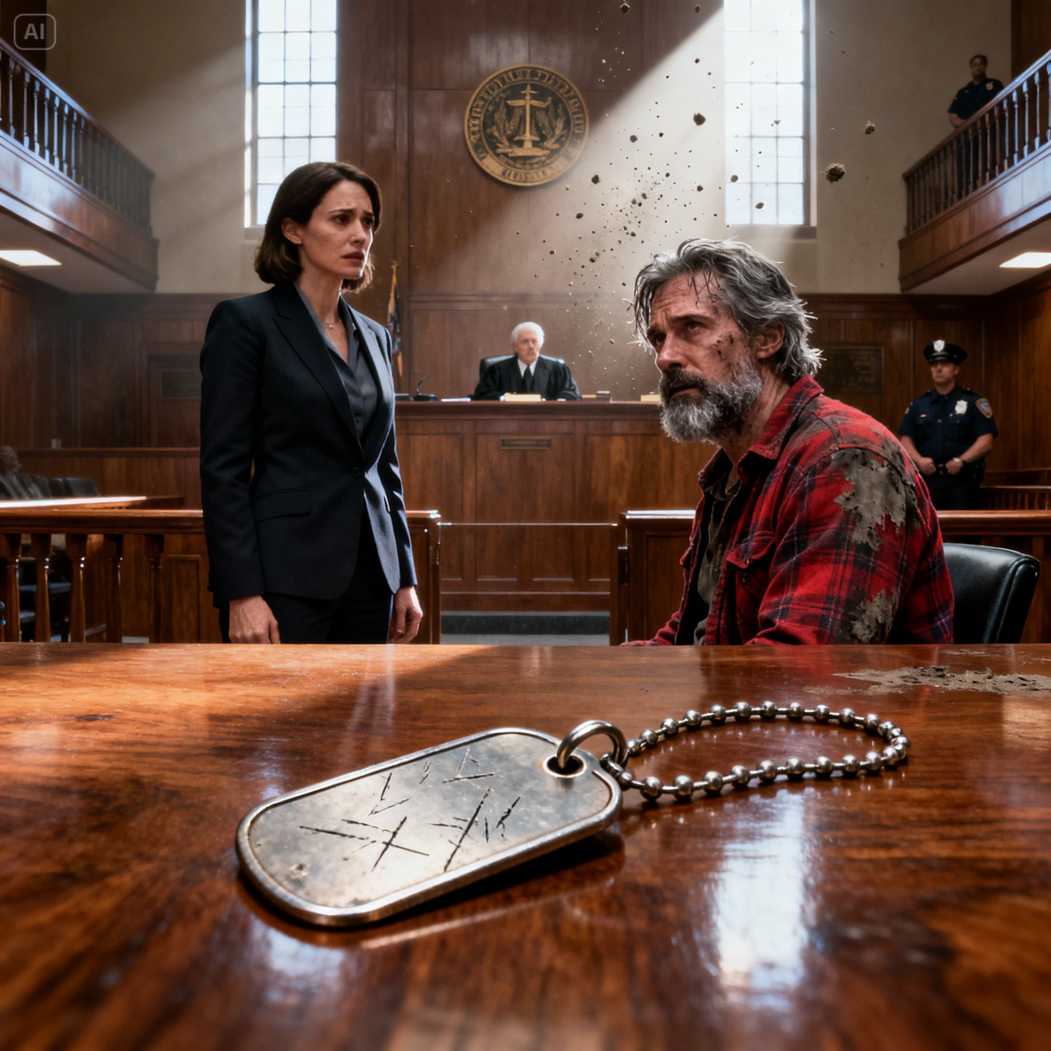 The metallic click echoed through the silent courtroom as Marcus Dalton placed his dog tags on the wooden table.