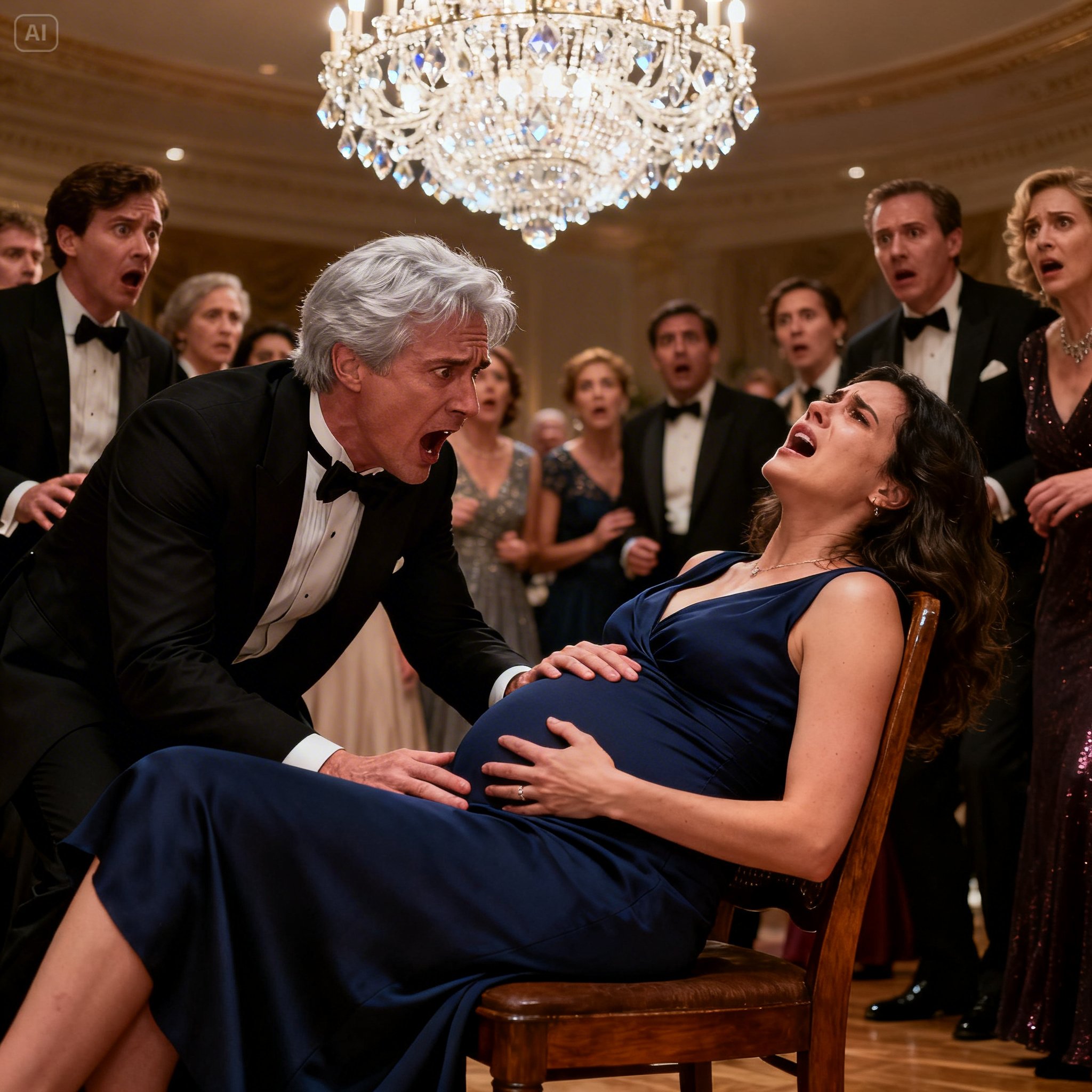 The ballroom glowed with soft amber light spilling down from crystal chandeliers, their reflections dancing across polished floors and ivory tablecloths