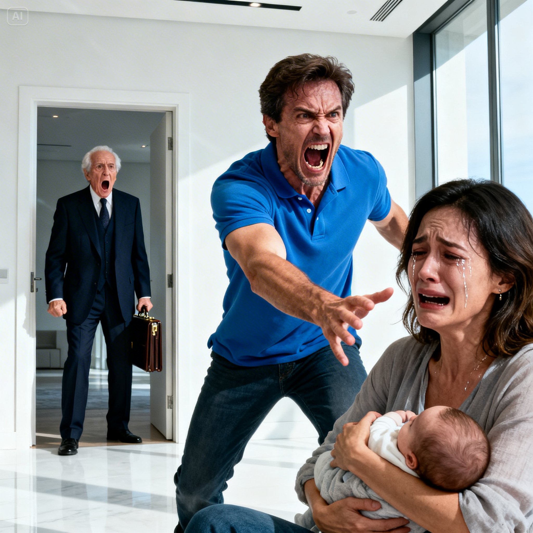 Claire Benton froze with her six-month belly pressed against the kitchen counter, her toddler, Lily, clinging to her leg like a small, shaking anchor. The apartment smelled like dish soap and burnt toast