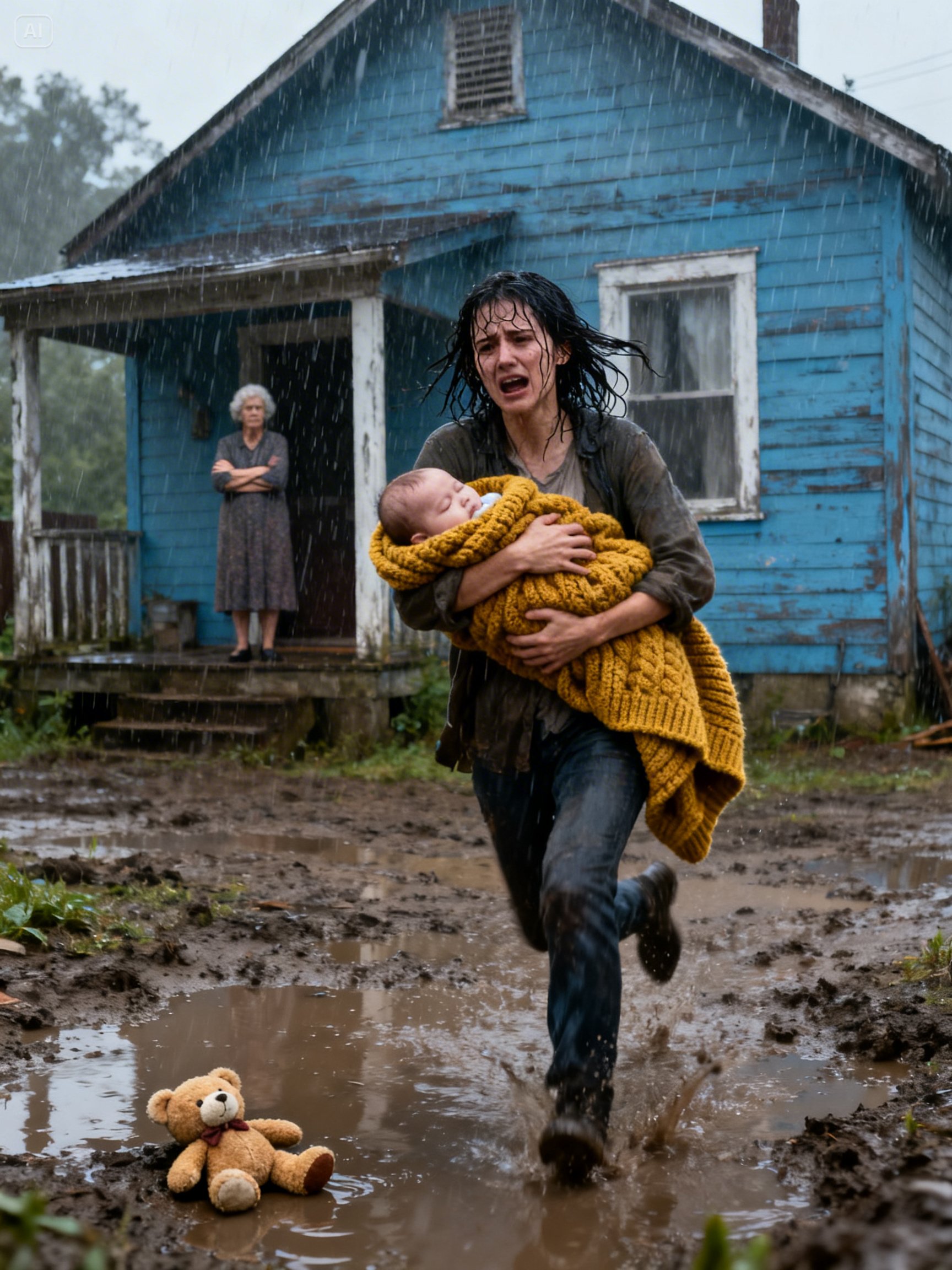 Rain hammered the broken pavement as twenty-year-old Lena Ward stumbled through the downpour, holding her infant son