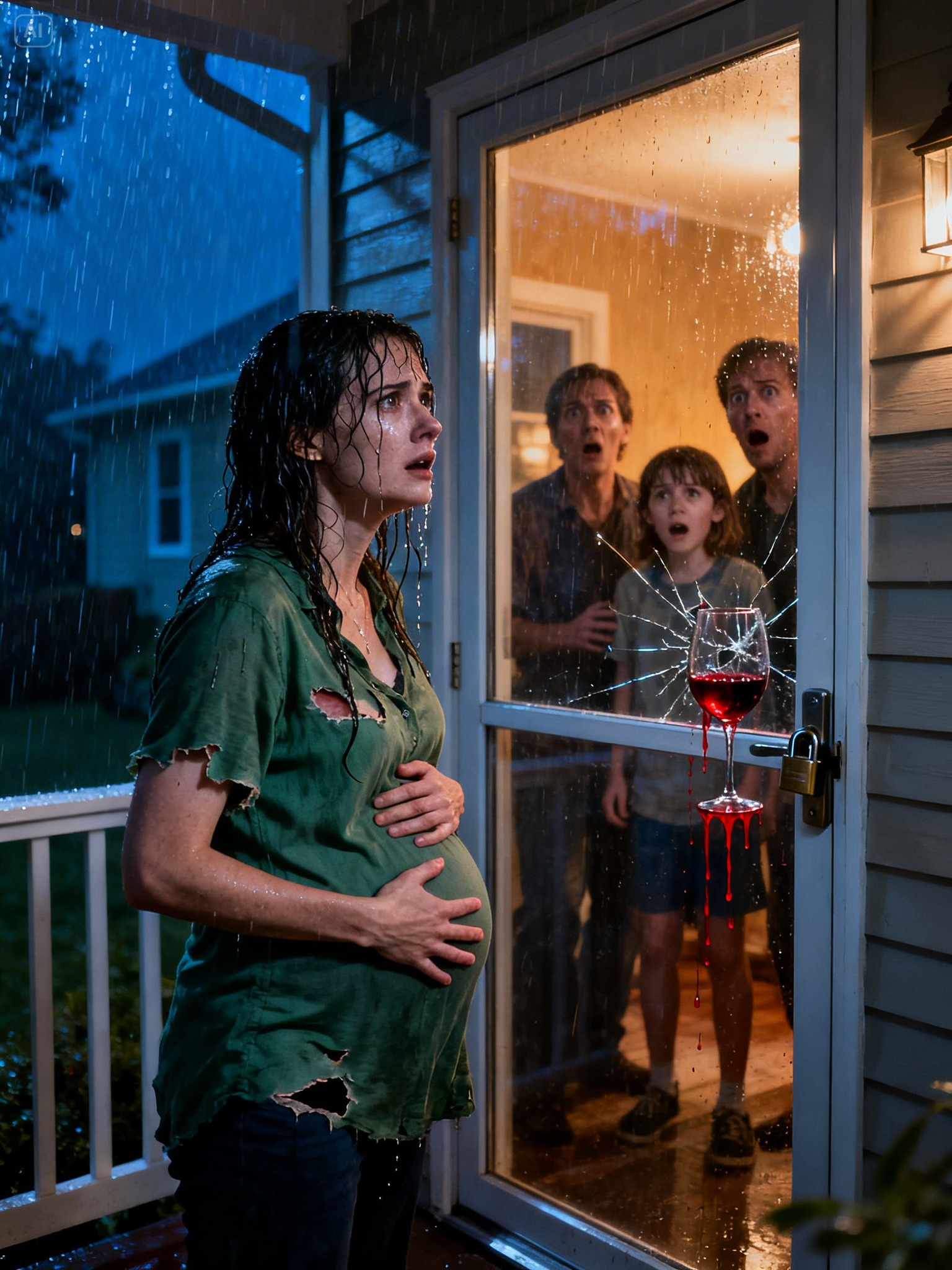 Six months pregnant, they locked me out in the rain. “Stop it,” my husband said. “Turn off the light,” his mom hissed. I started bleeding. At midnight I returned—she screamed when the door opened… because I wasn’t alone.